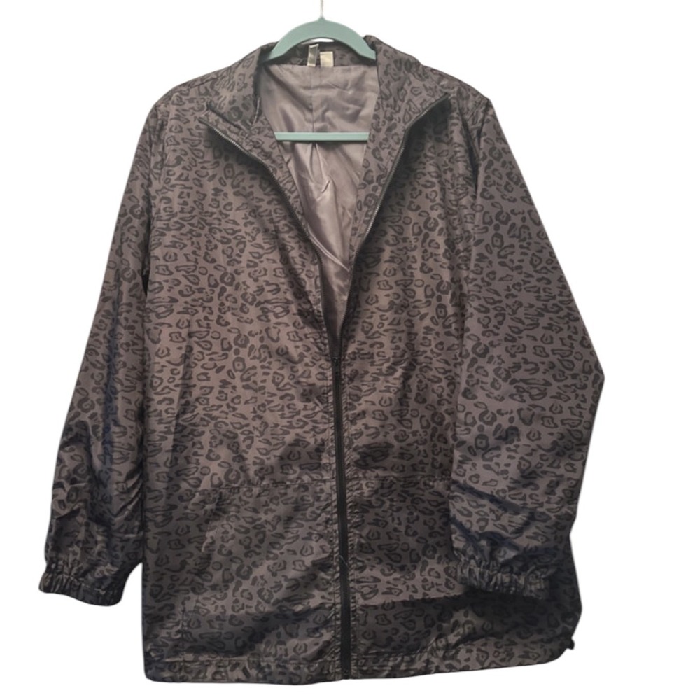 Avenue Windbreaker Jacket Leopard Print 14/16W Gray Black Zip Front Lightweight